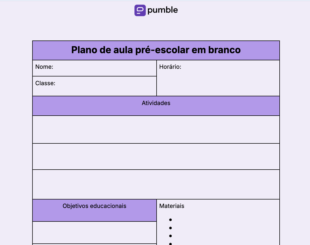 Modelo de plano de aula pré-escolar em branco