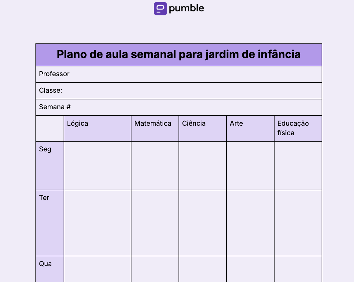 Modelo de plano de aula semanal para jardim de infância