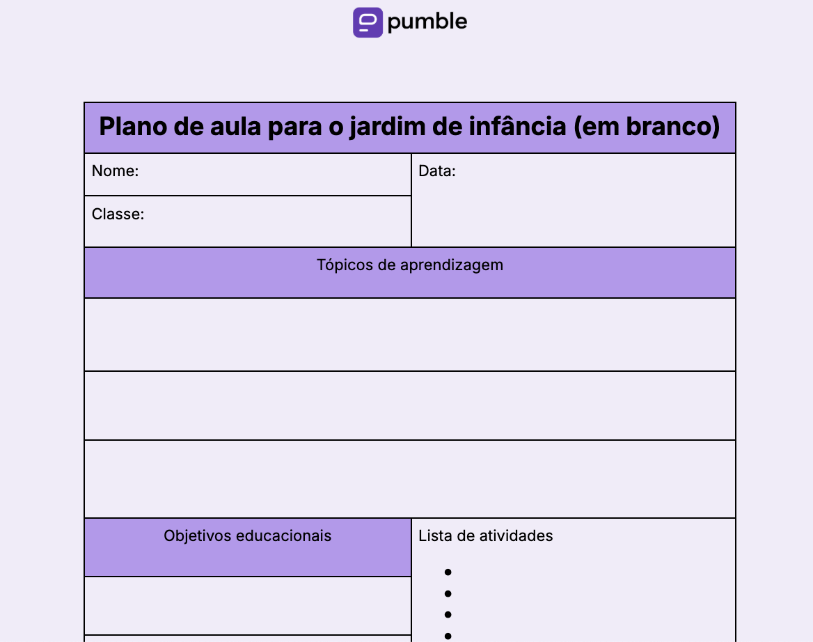 Modelo de plano de aula em branco para o jardim de infância