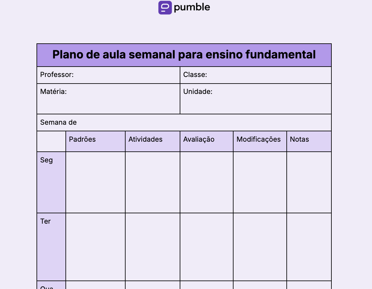 Modelo de plano de aula semanal para ensino fundamental