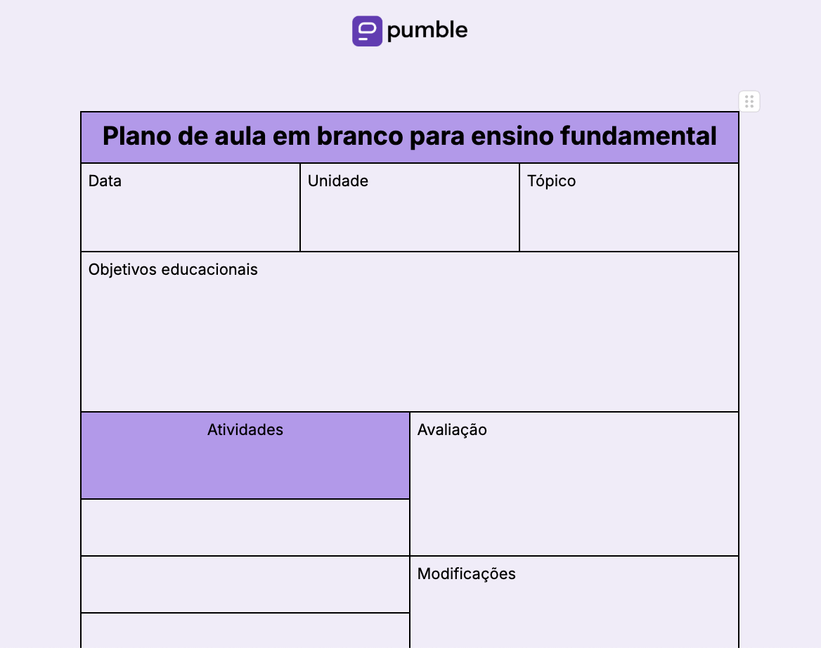 Modelo de plano de aula em branco para ensino fundamental