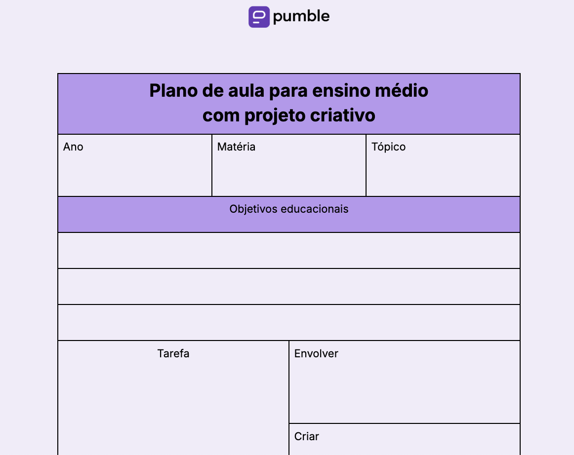 Modelo de plano de aula para ensino médio com projeto criativo