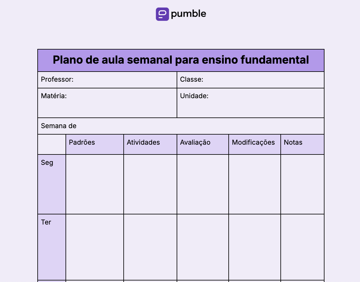 Modelo de plano de aula semanal