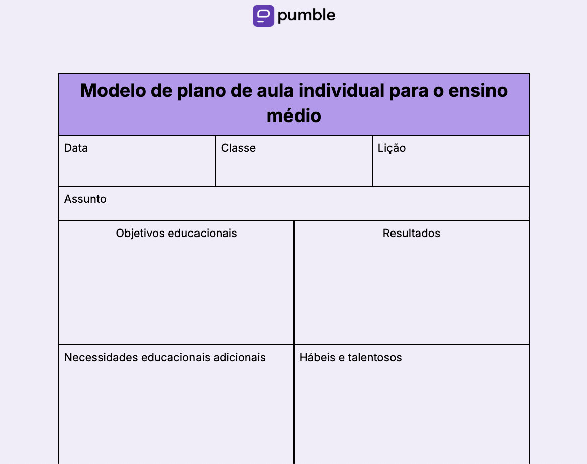 Modelo de plano de aula de aula individual para o ensino médio