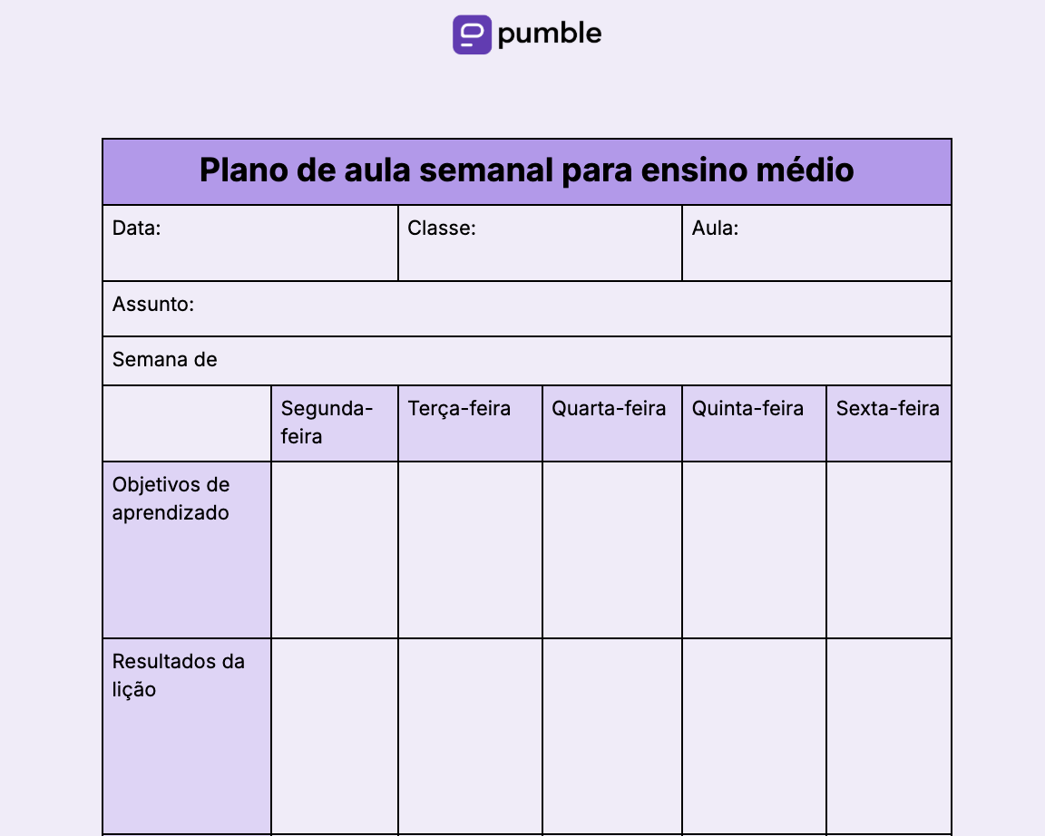 Modelo de plano de aula semanal para ensino médio