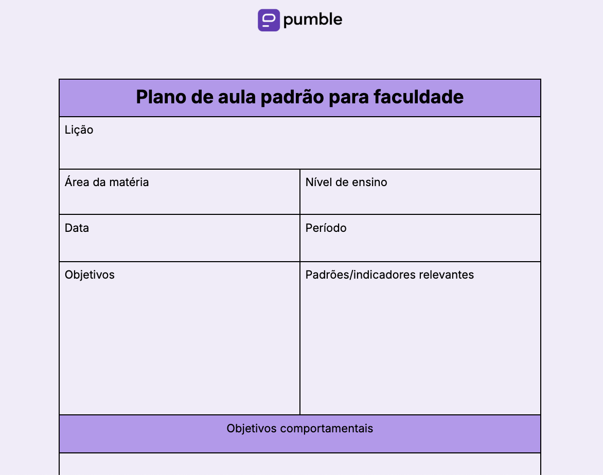 Modelo de plano de aula padrão para faculdade