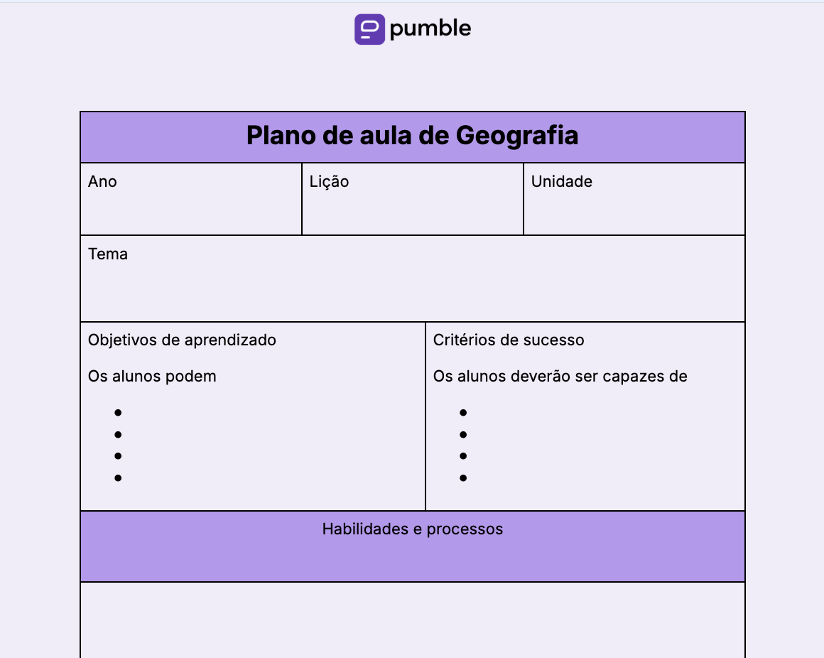 Modelo de plano de aula de Geografia