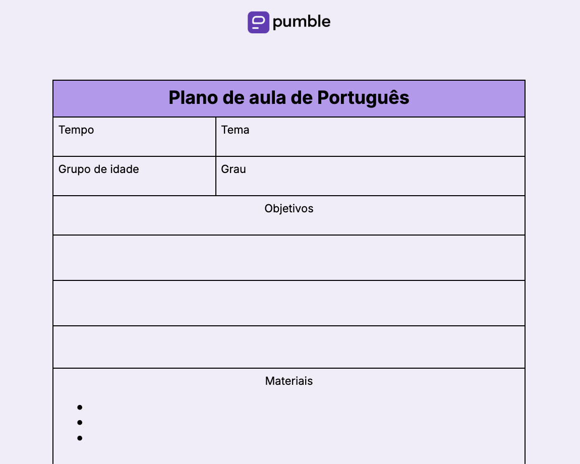 Modelo de plano de aula de Português