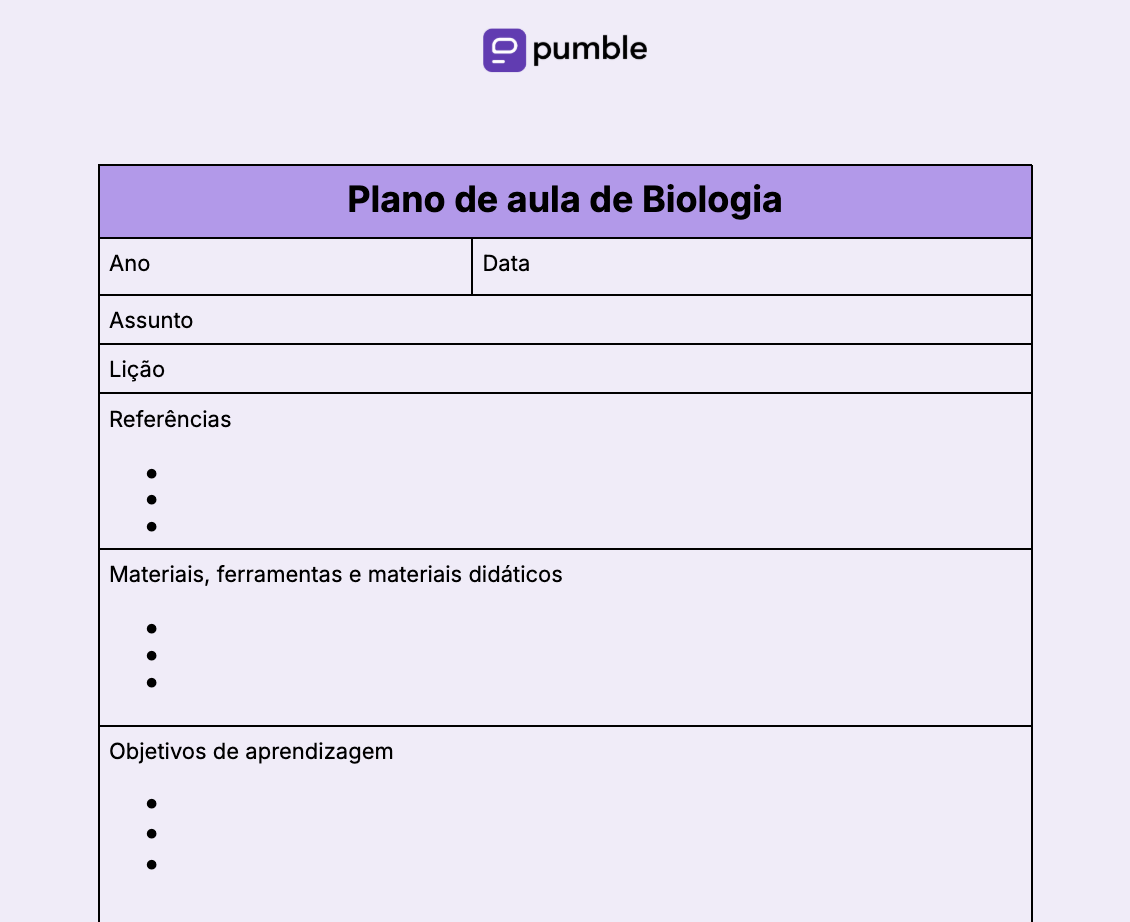 Modelo de plano de aula de Biologia