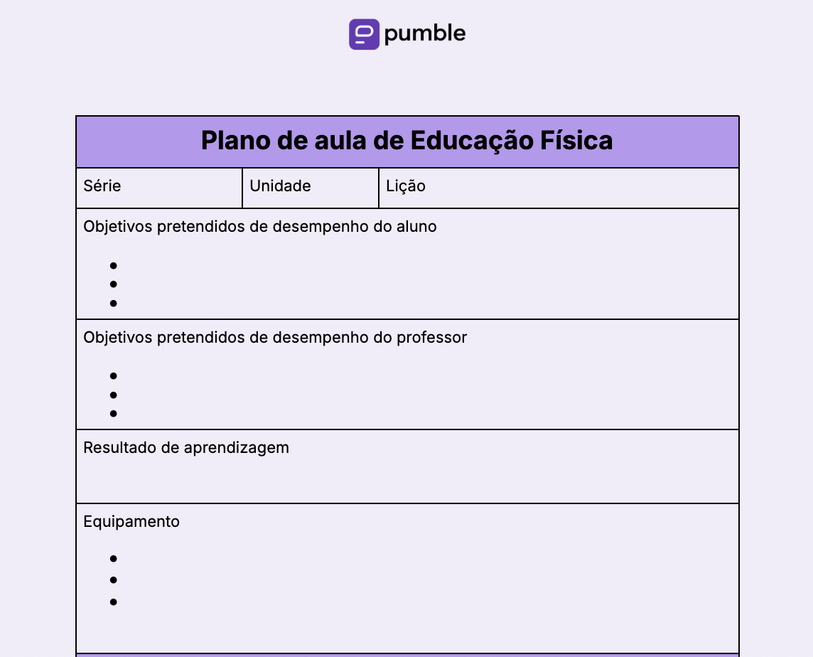 Modelo de plano de aula de Educação Física