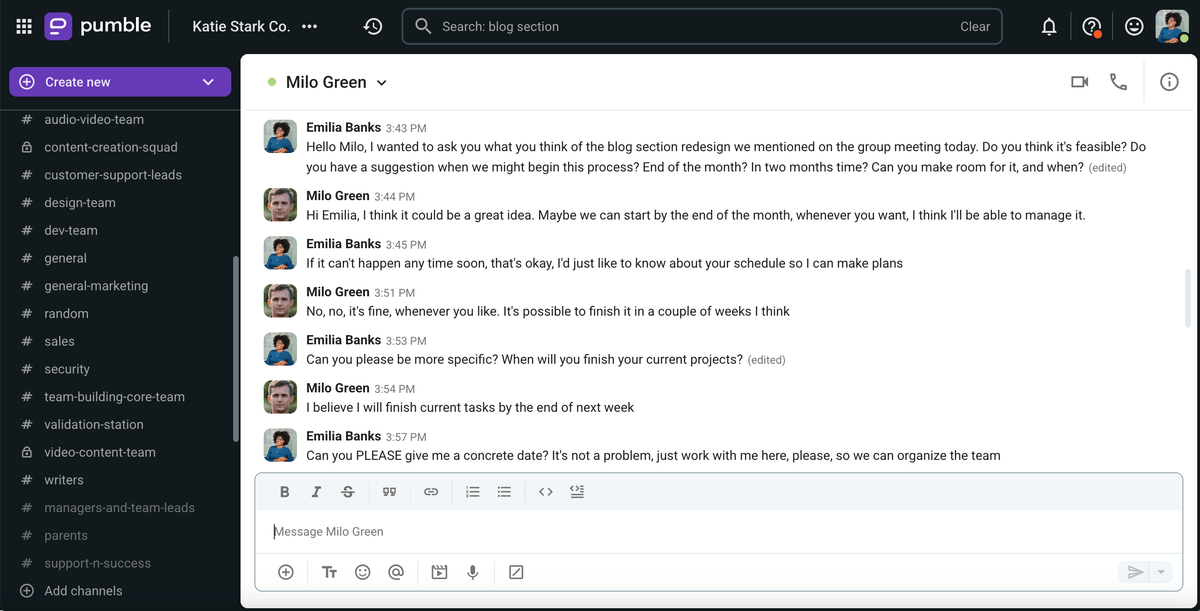 An example of “hedging” in Pumble, a team communication app
