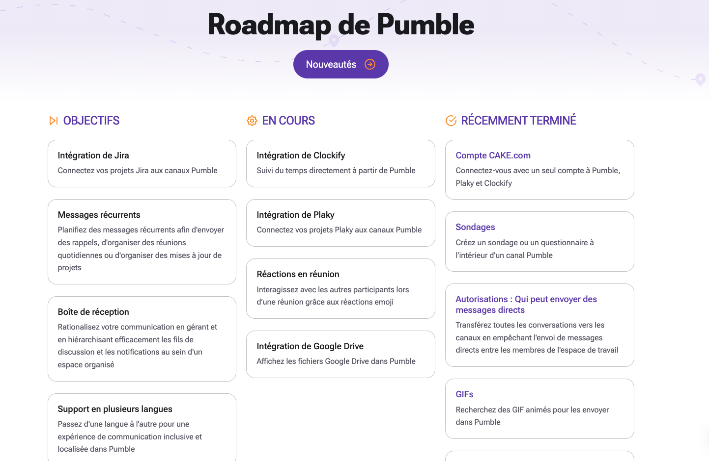 Une section de la page Roadmap de Pumble en février 2023