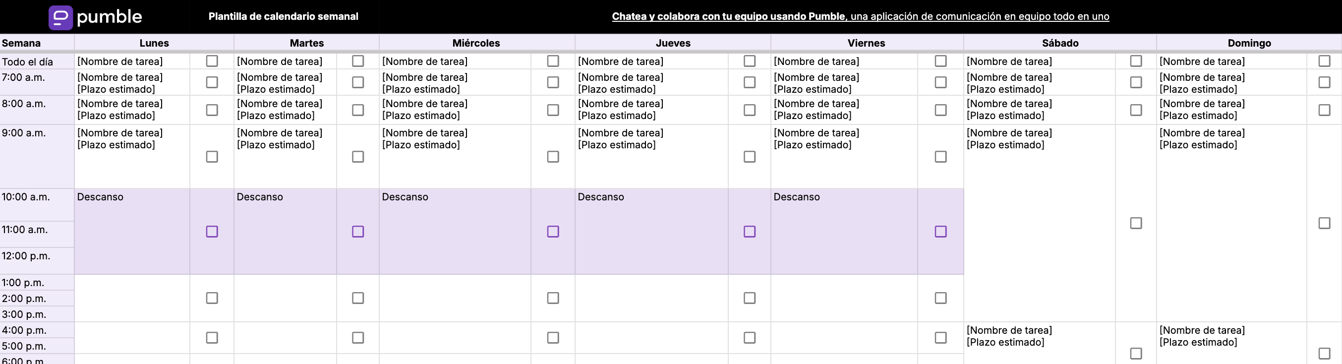 Plantilla de calendario semanal