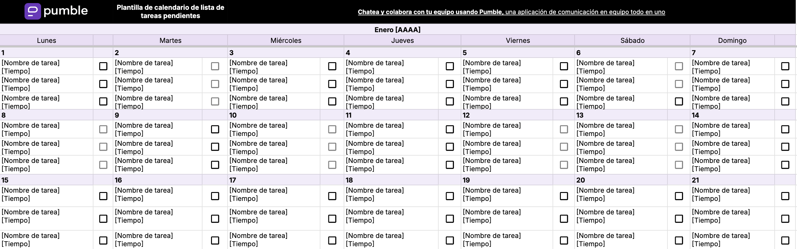 Plantilla de calendario de lista de tareas pendiente