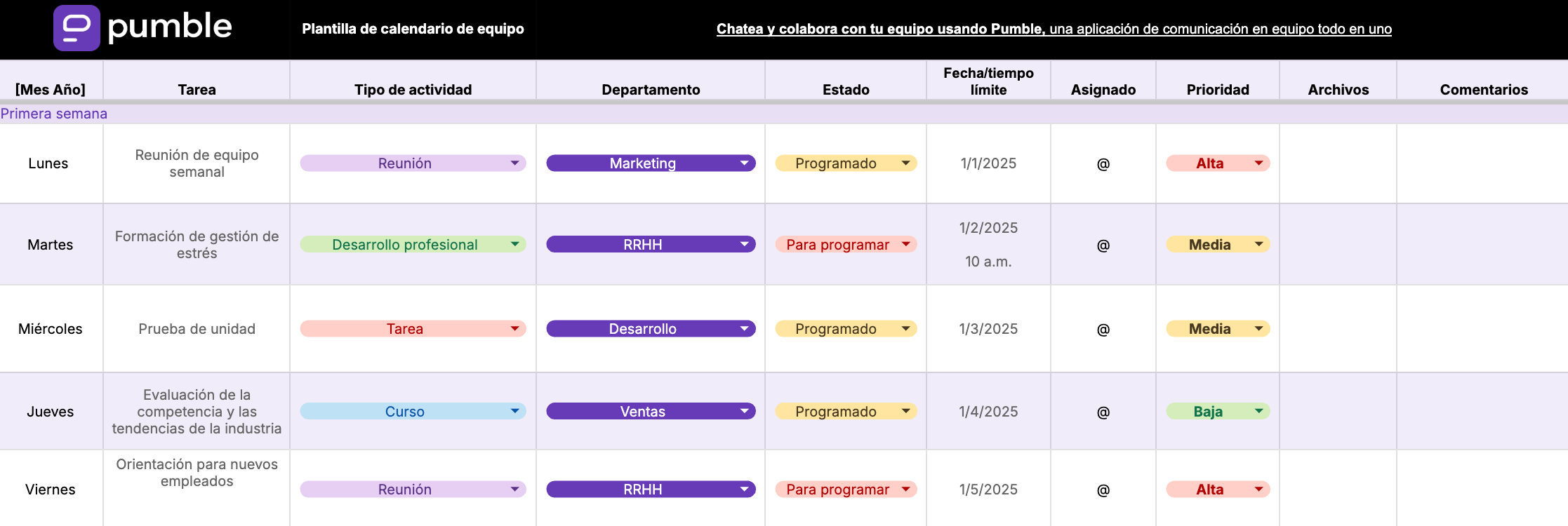 Plantilla de calendario de equipo