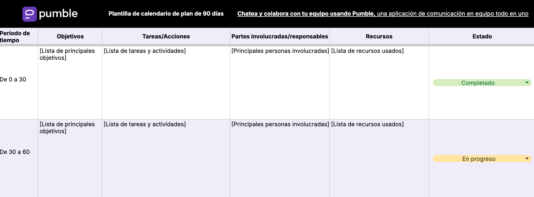 Plantilla de calendario de plan de 90 días