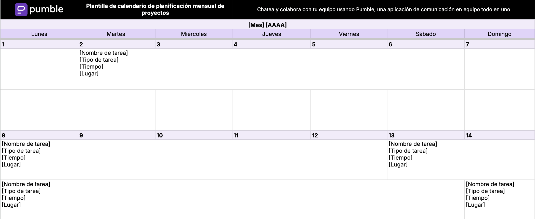 Plantilla de calendario de planificación mensual de proyectos