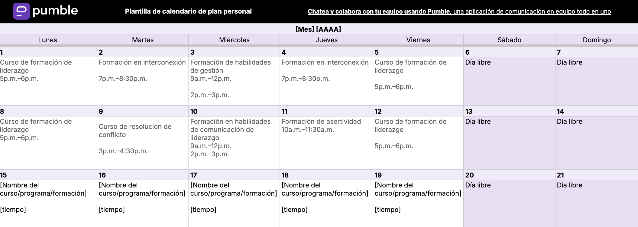 Plantilla de calendario de plan personal