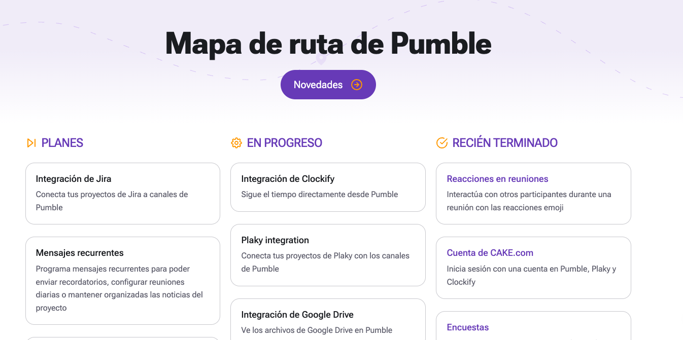 Mapa de ruta de Pumble disponible en el sitio web