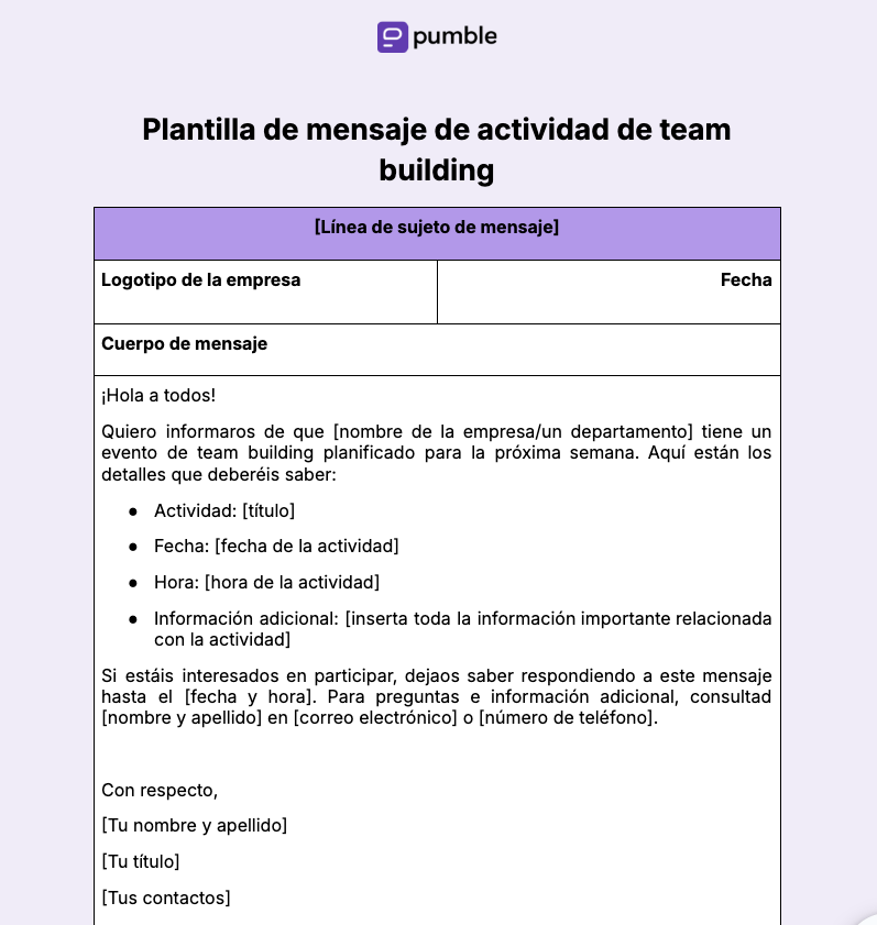 Plantilla de mensaje de actividad de team building