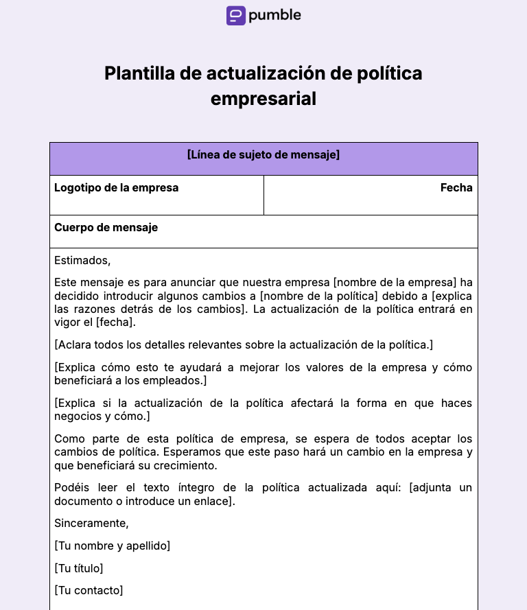 Plantilla de actualización de política empresarial
