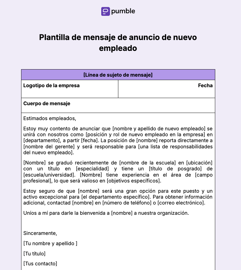 Plantilla de mensaje de anuncio de nuevo empleado
