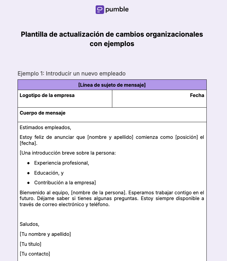 Plantilla de actualización de cambios organizacionales con ejemplos
