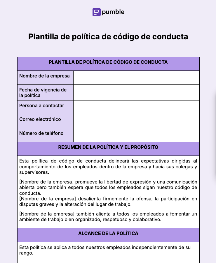 Plantilla de la política de código de conducta