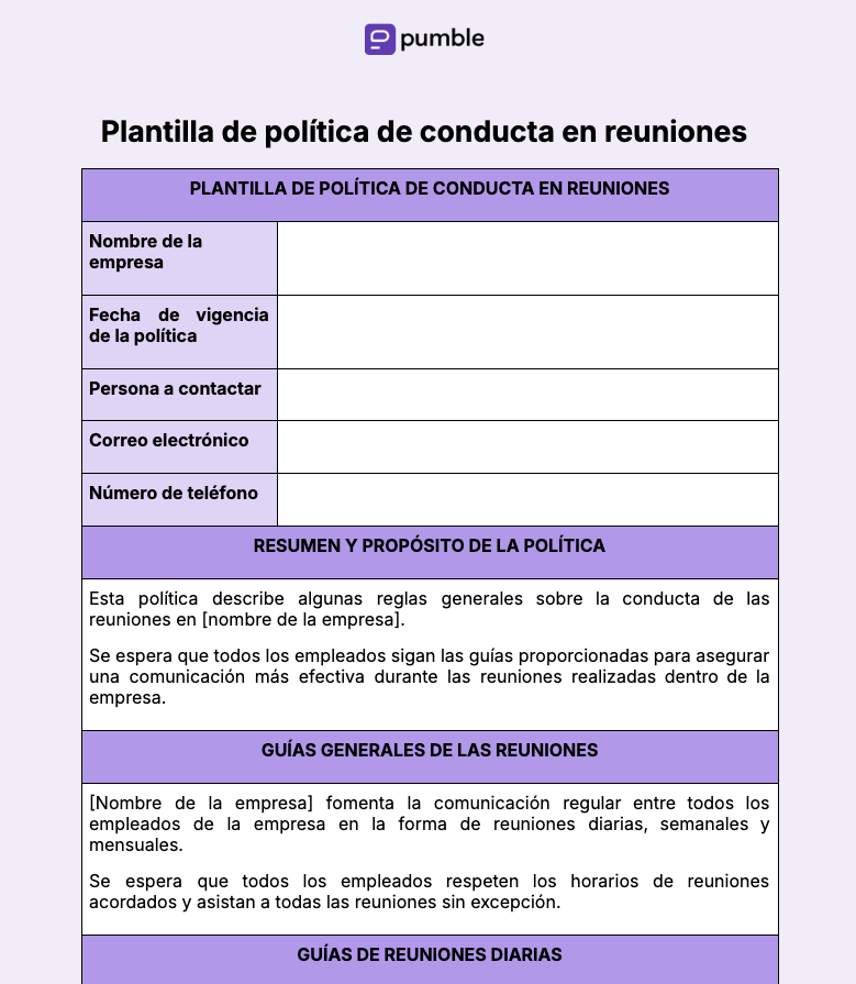 Plantilla de política de conducta en reuniones 