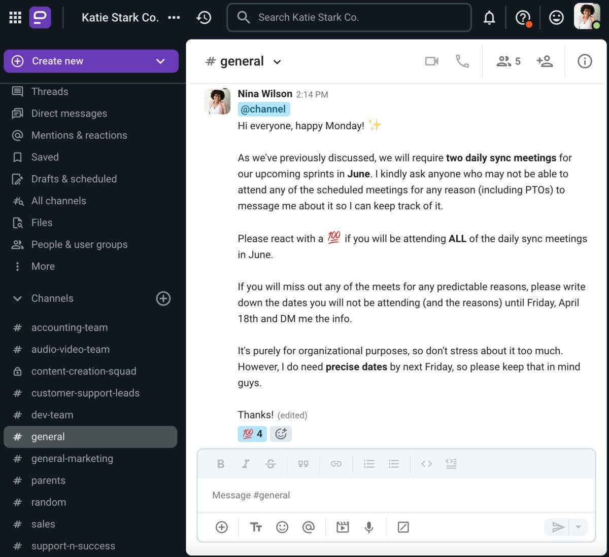 Transactional communication feedback, shown in Pumble, a team communication app