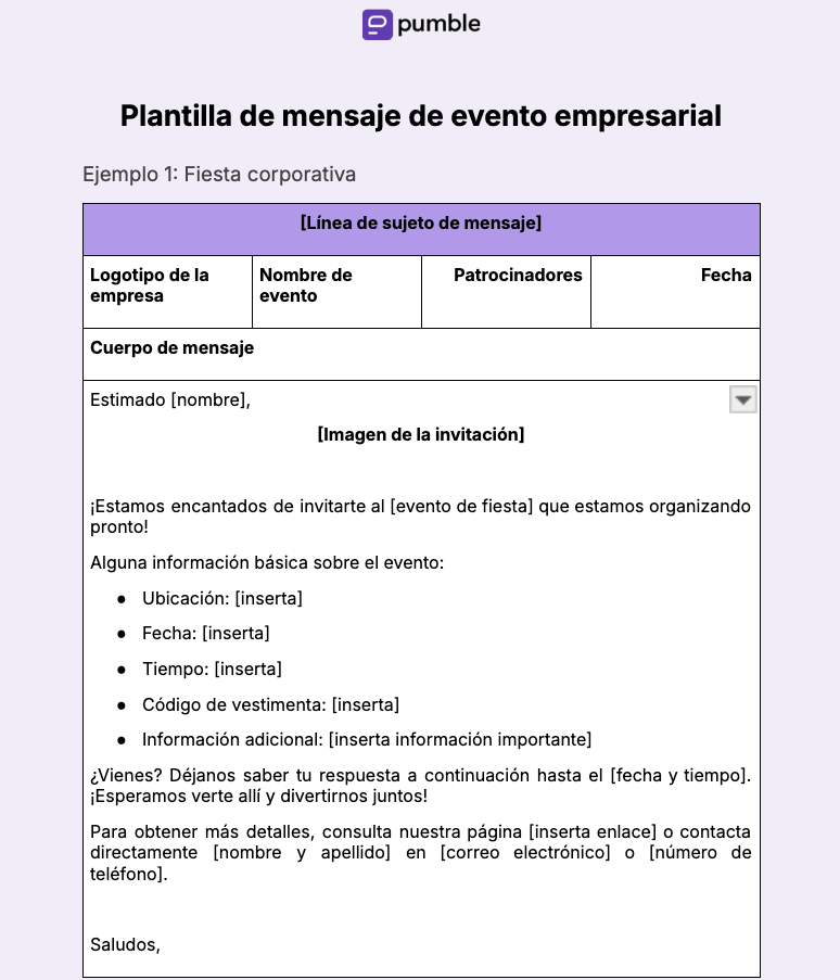 Plantilla de mensaje de evento empresarial