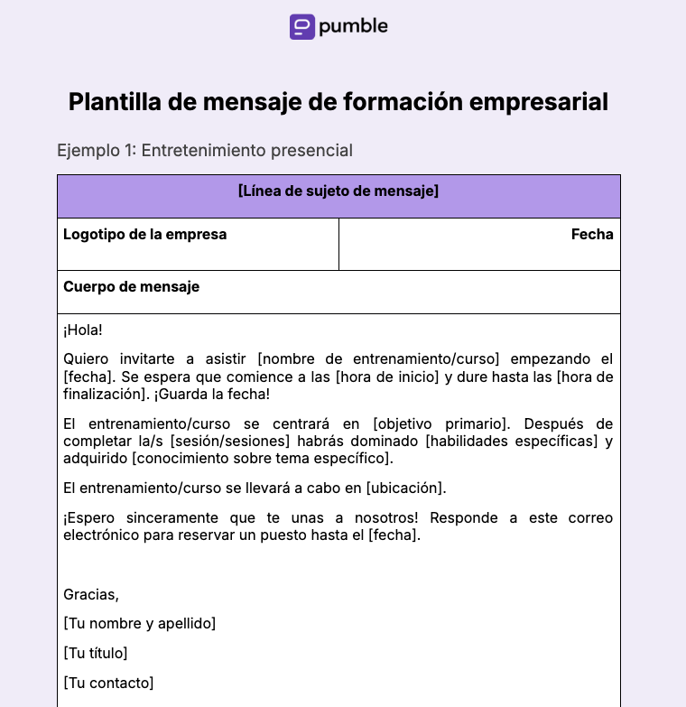 Plantilla de mensaje de formación empresarial
