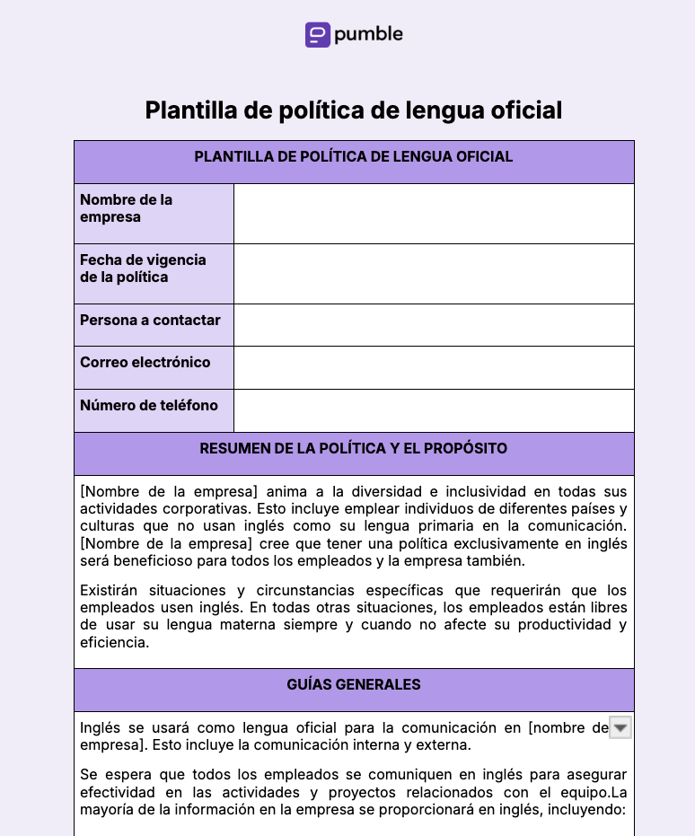 Plantilla de la política de lengua oficial