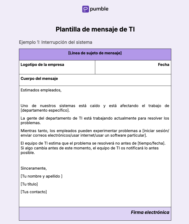Plantilla de mensaje de TI