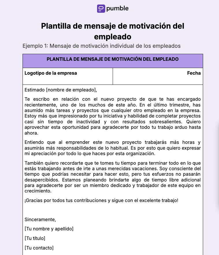 Plantilla de mensajes de motivación del empleado