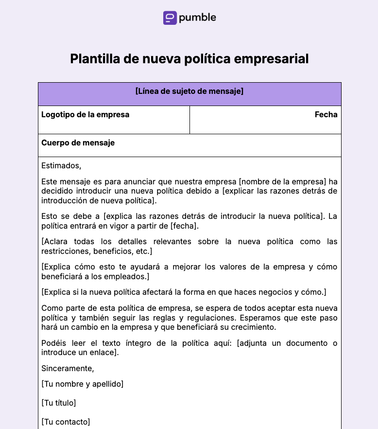 Plantilla de nueva política empresarial