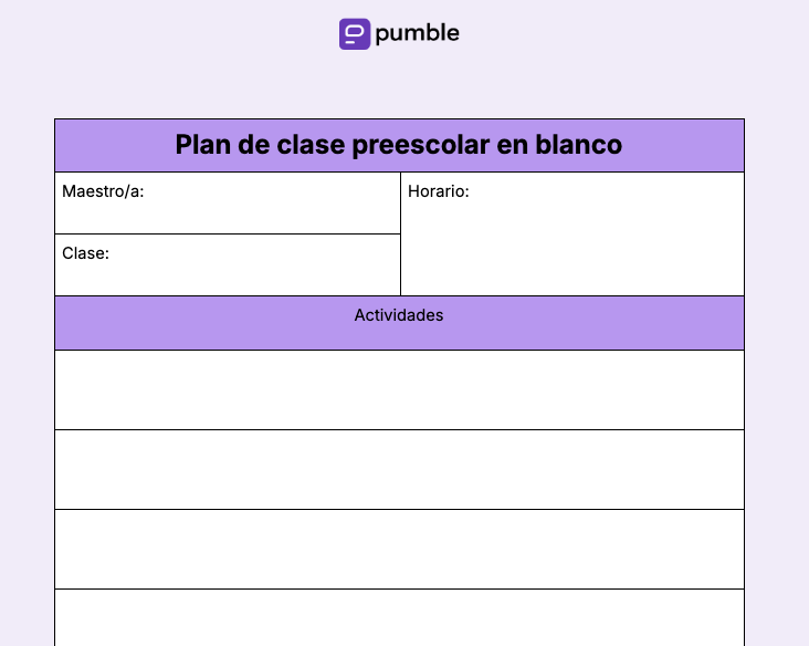 Descarga la plantilla de plan de clase preescolar en blanco
