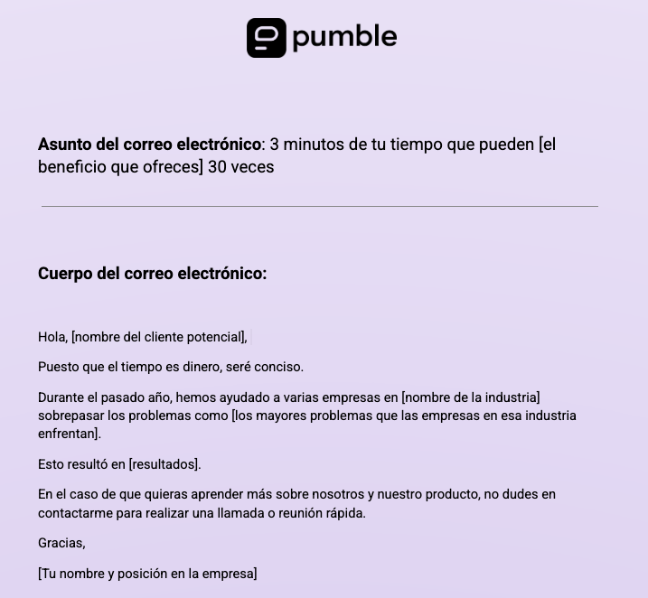 Plantilla de correo electrónico de presentación de ventas breve