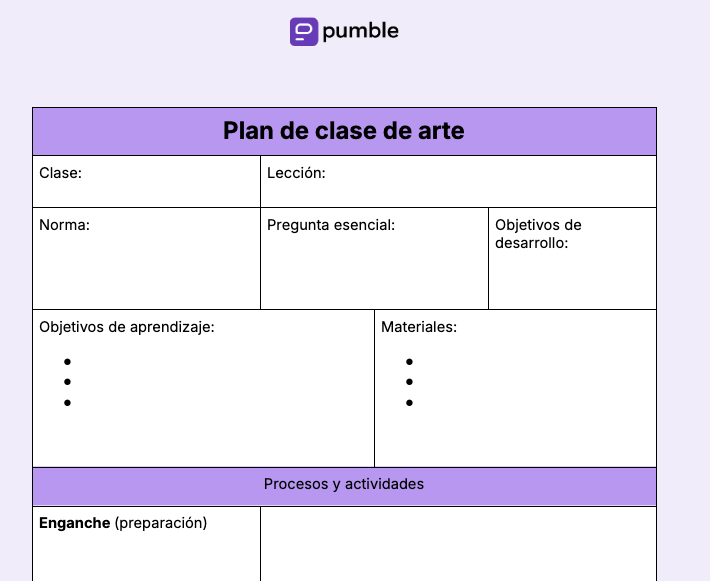 Plantilla de plan de clase de arte