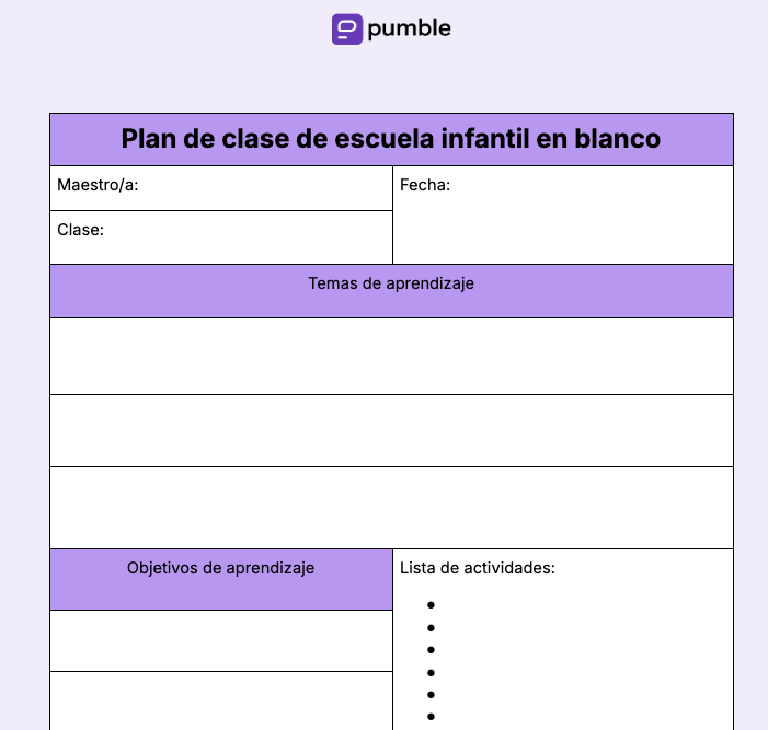 Plantilla de plan de clase de escuela infantil en blanco