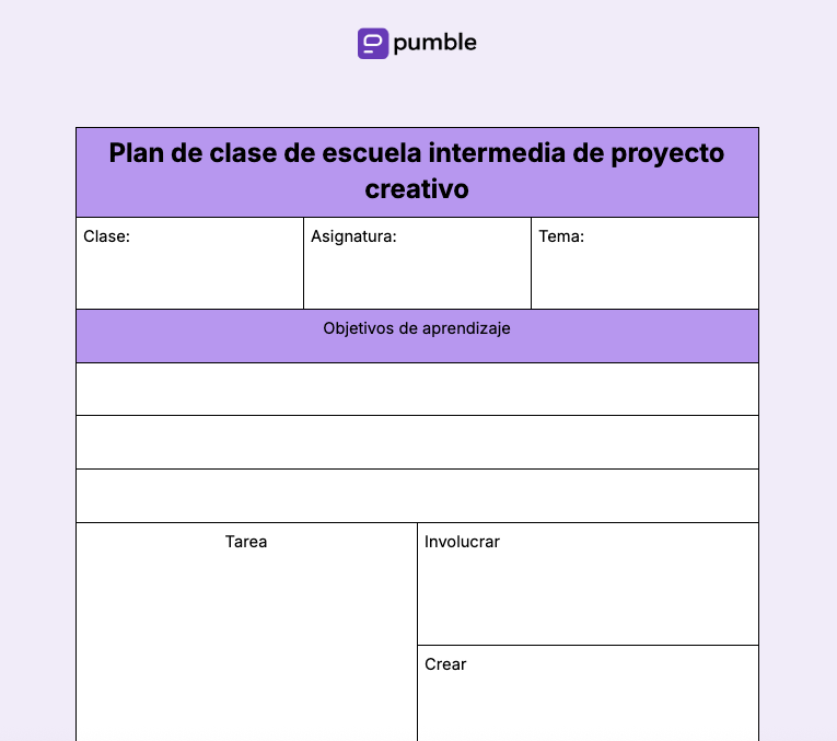 Plantilla de plan de clase de escuela intermedia de proyecto creativo