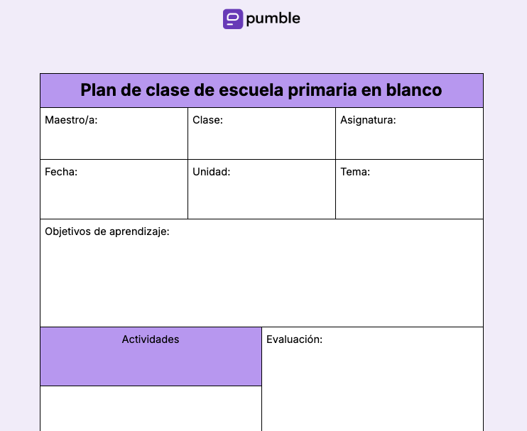 Plantilla de plan de clase de escuela primaria en blanco