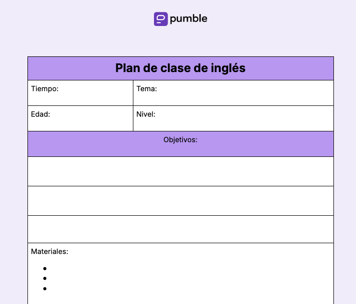 Plantilla de plan de clase de inglés