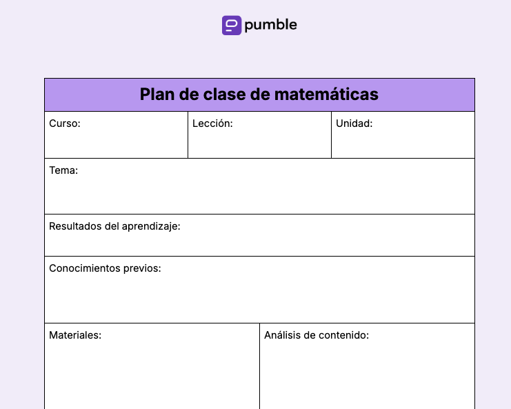 Plantilla de plan de clase de matemáticas