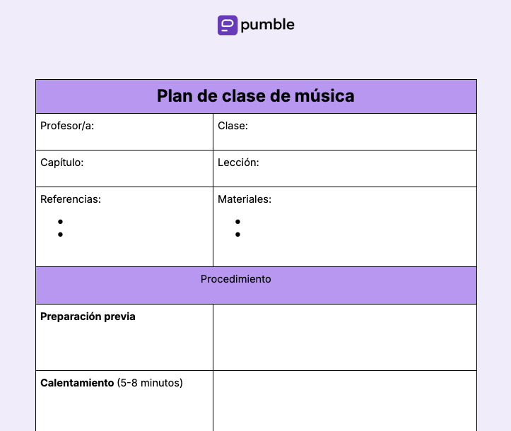 Plantilla de plan de clase de música