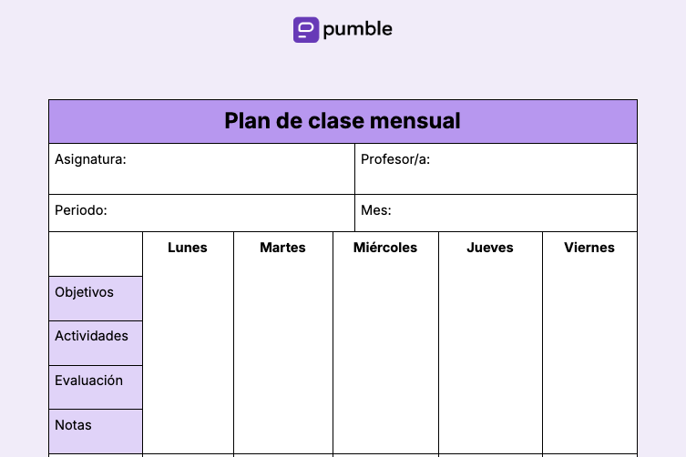 Plantilla de plan de clase mensual