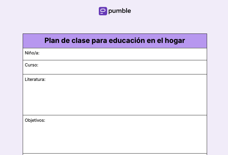 Plantilla de plan de clase para la educación en el hogar