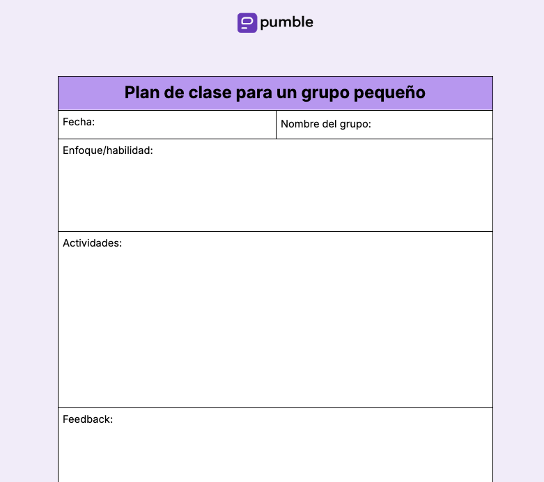 Plantilla de plan de clase para un grupo pequeño