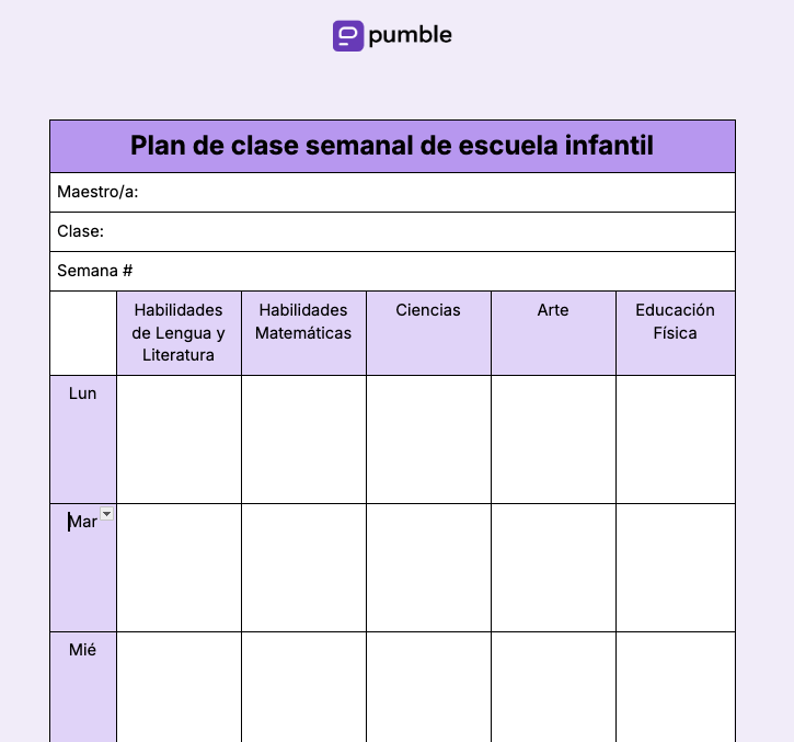 Plantilla de plan de clase semanal de escuela infantil