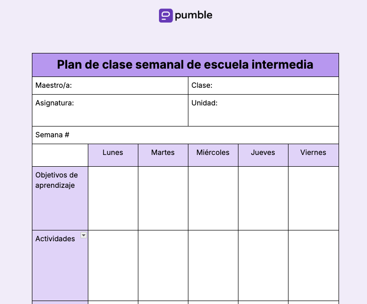 Plantilla de plan de clase semanal de escuela intermedia